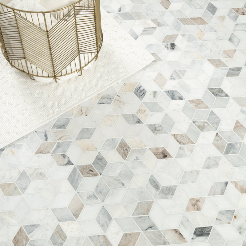 Castella de Blanc Cube 12 in. x 12 in. Honed Marble Mosaic Floor and Wall Tile