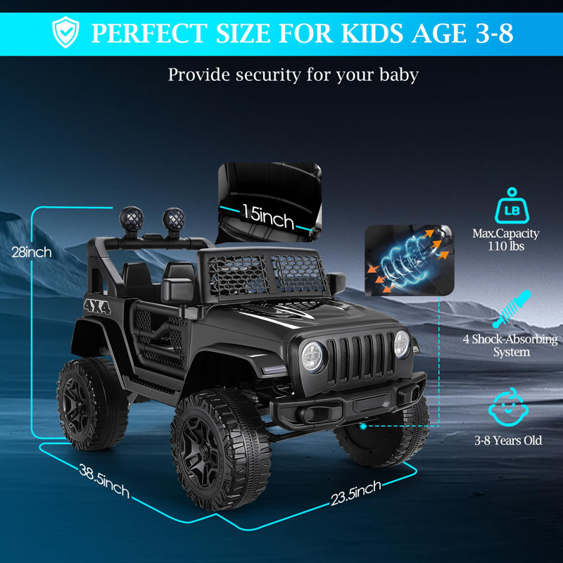 12V Electric Kids Ride On Jeep Car Vehicle with Parent Remote Control,Safety Belt,Light,Music Player, Black