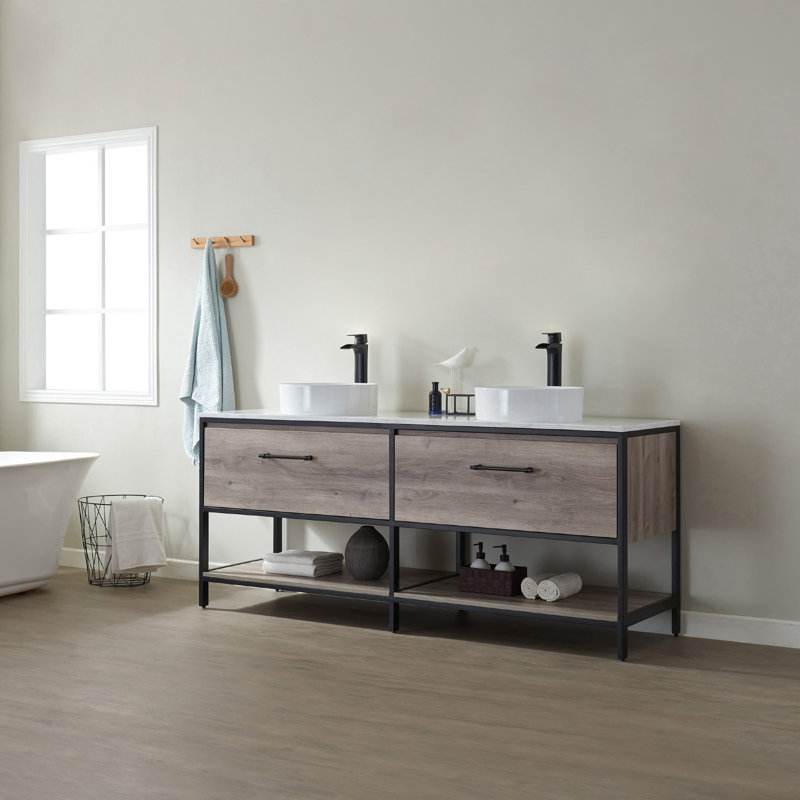 Ensemble de meuble-lavabo double 72 po Murcia, Marbre blanc, Chêne mexicain / noir