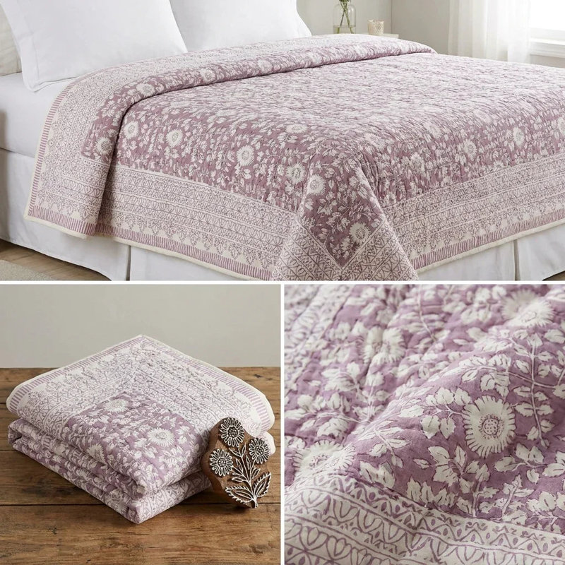 House of Avana Cream & Rose Pink Botanical Floral Jaipur Indian Hand Block Print Quilted Comforter, Queen, Cream Sage Green