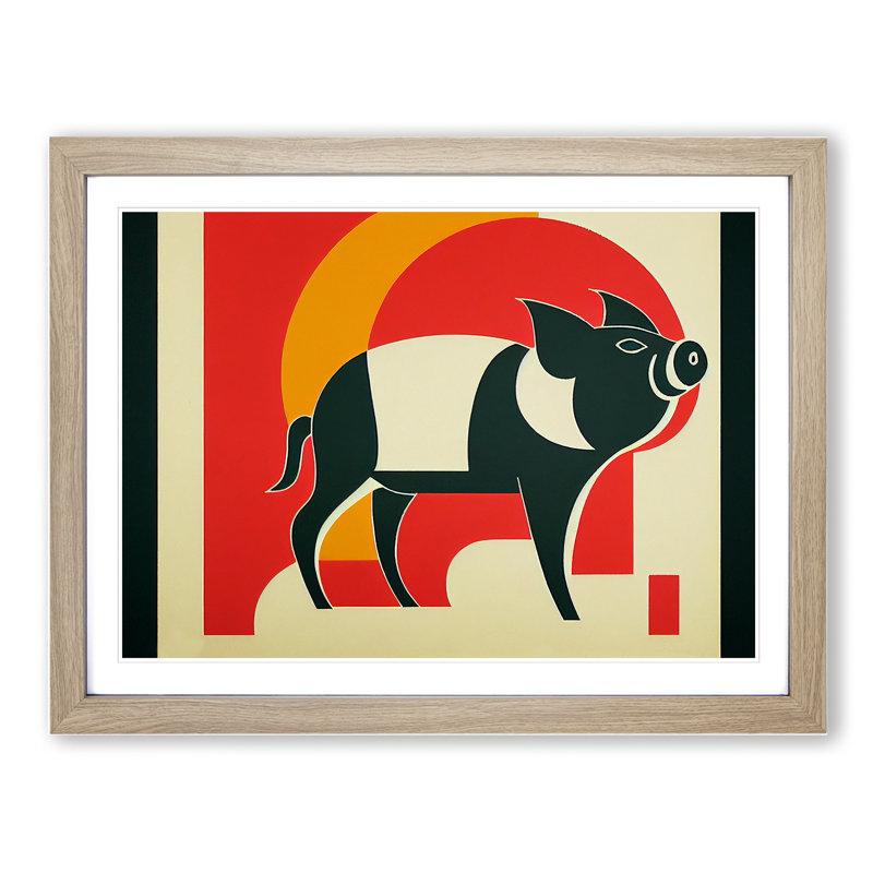 Art Deco Pig Abstract - Single Picture Frame Print, 46cm H x 64cm W, Grey