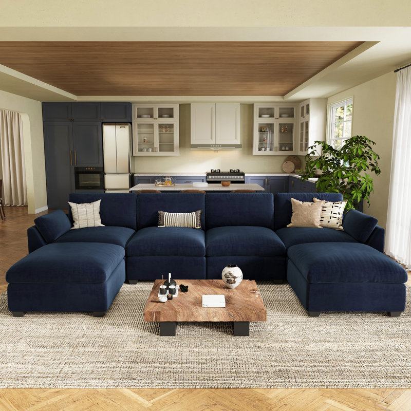 Canapé modulaire large en velours et moelleux avec repose-pieds, canapé de salon en forme de L, Velours bleu