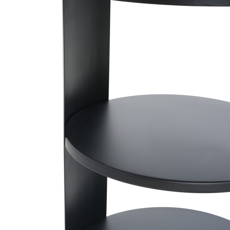 Table d'appoint ronde d'intérieur à 3 niveaux, noir mat, fabrication en fer, compartiment de porte coulissante, tablettes ouvertes, porte fonctionnelle et élégante, trois tablettes, idéale pour les petits espaces