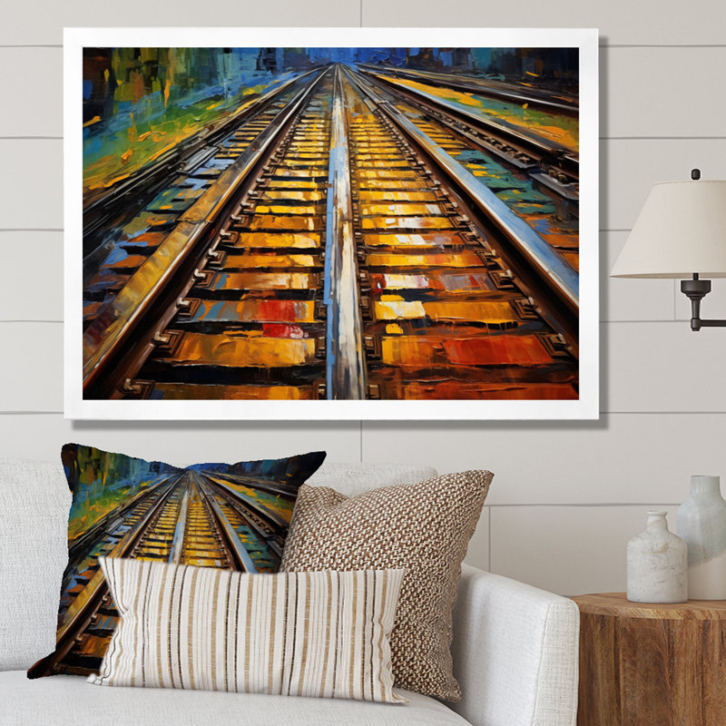 Orange Train Rails Track - Transportation Wall Art Living Room, H 16 po x l 32 po x P 1 po, Cadre photo blanc