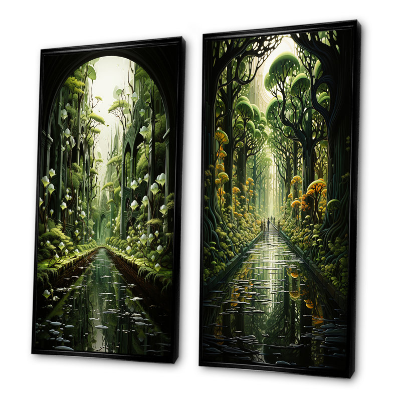 «Sureal Path To Whimsical Wilderness - surréalisme, ensemble de 2 reproductions d'art mural, Cadre flottant noir