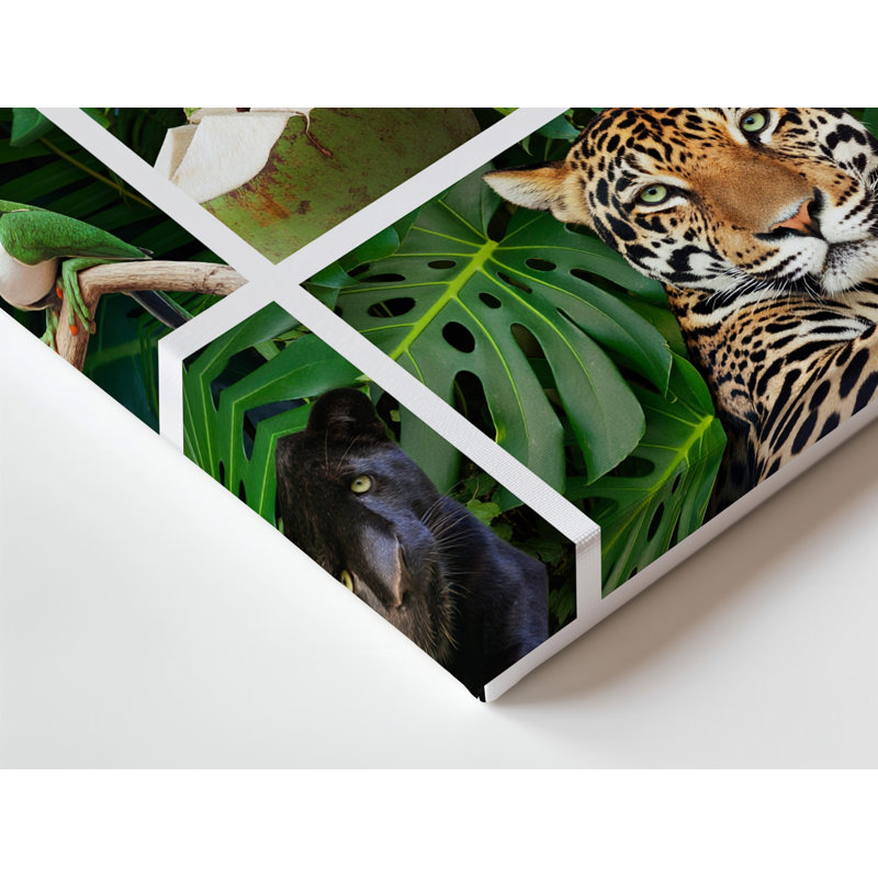 Toile dans un collage chaotique vibrant d'une scène de jungle luxuriante, H 16 po x l 20 po