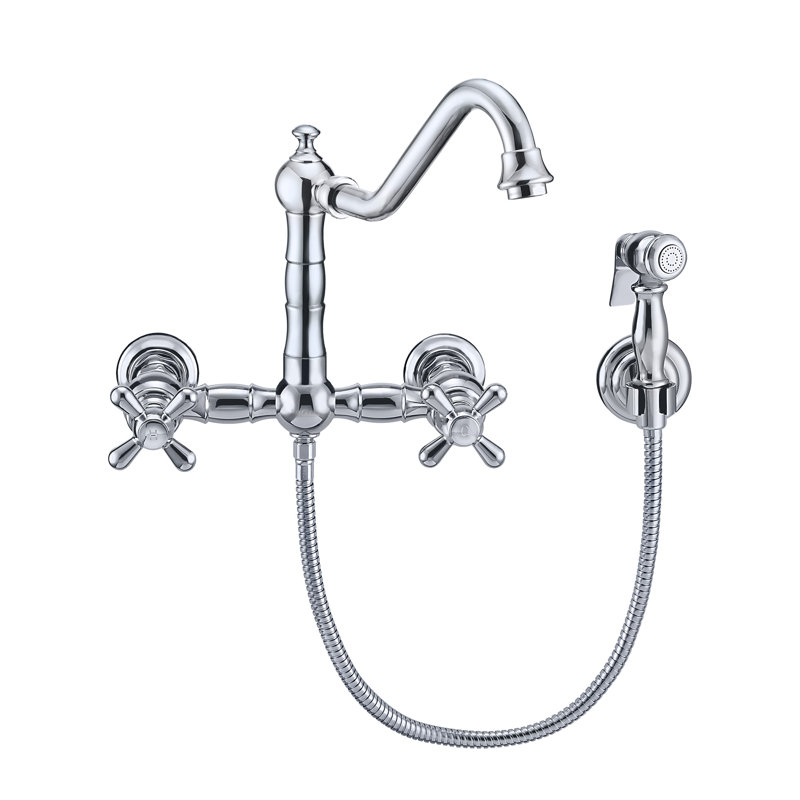 Whitehaus Wall Mount Faucet with Long Traditional Swivel Spout and Solid Brass Side Spray, Polished Chrome, Lever