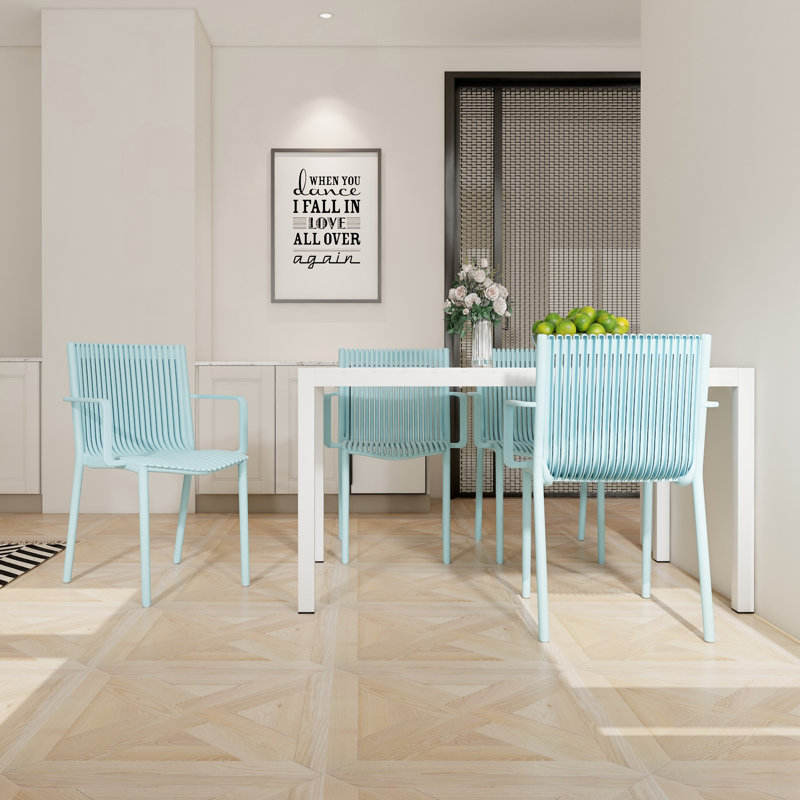 Summer 4Pcs Light Blue Stackable Armchairs With 55 Inch White Modern Table - Indoor/Outdoor Use, Ergonomic Design, Lightweight And Durable