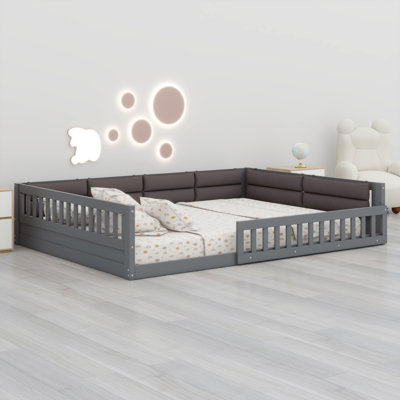 Wood Upholstered Platform Bed With Guardrail And Pillow