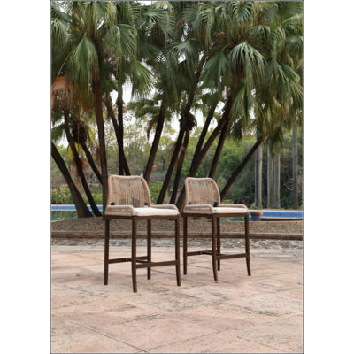 Wood Counter Height Bar Stools 2 Pieces Wicker And Aluminum Modern Barstools With Cushion For Patio Balcony Pool Outdoor Indoor Counter Stool Chairs