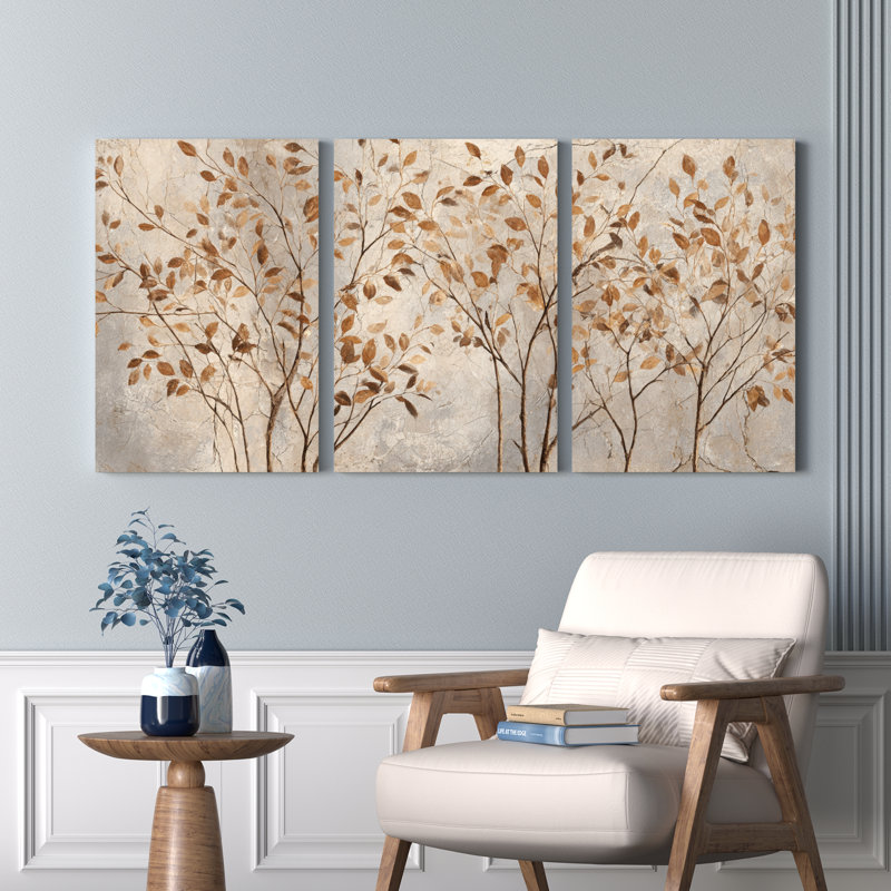 Ensemble de 3 tableaux abstraits sur toile, représentant des feuilles d'automne et des branches d'arbre, pour la décoration du salon, de la chambre ou de la maison.