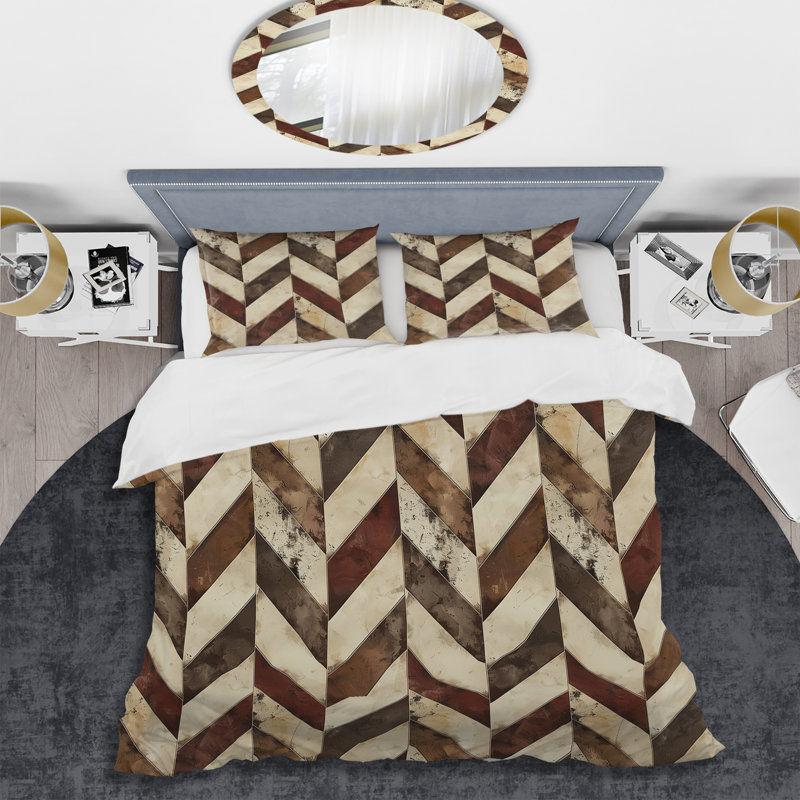 Ensemble de housse de couette moderne à motif de chevrons brun et blanc I, Housse de couette pour grand lit et 2 taies décor