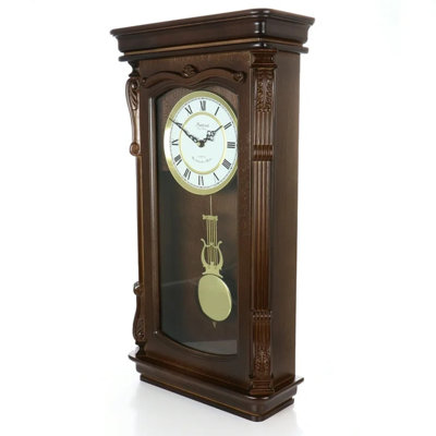 Bedford Clock Collection Chestnut Chiming Pendulum Wall Clock – Traditional Decorative Wall Clock With Swinging Pendulum, 4 Chimes & Sleep Mode