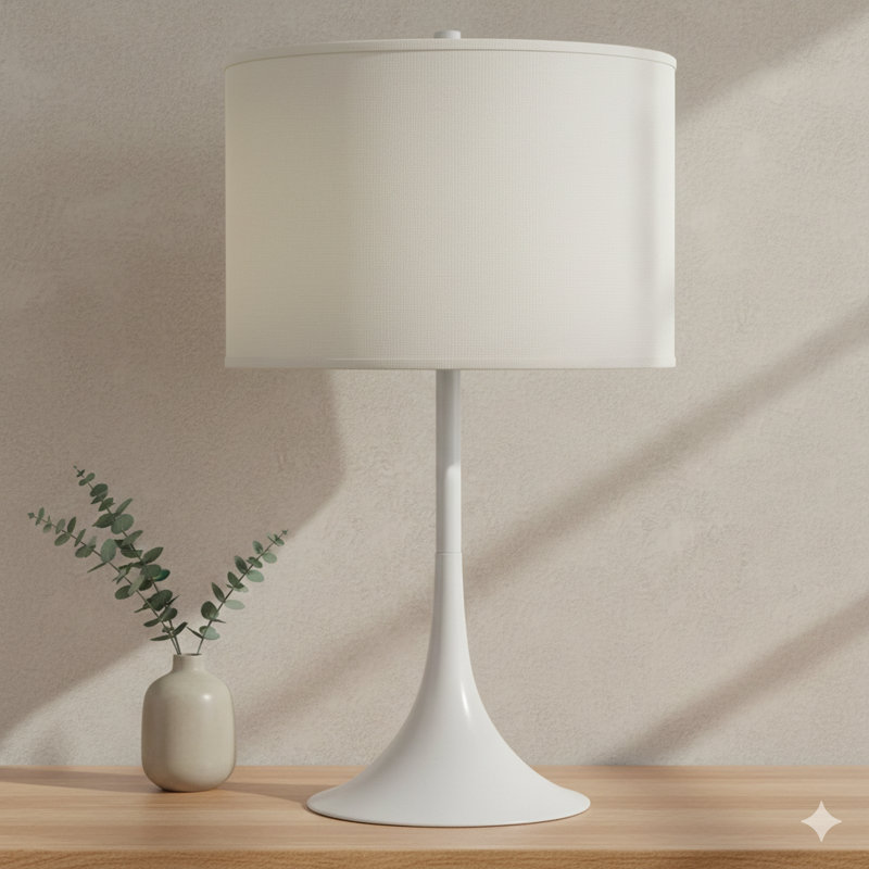 Grande lampe de table en métal de 25 pouces avec une finition entièrement blanche et un abat-jour rond blanc assorti
