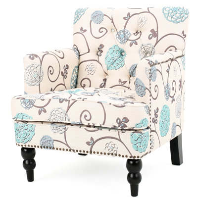 Élégante chaise, revêtement en tissu blanc / bleu, garniture cloutée, fabrication en bois de bouleau, H 35,7 po x l 28,79 po x P 32,14 po - bateau blanc + tissu bleu, coutures en losange, bordure, structure des pieds