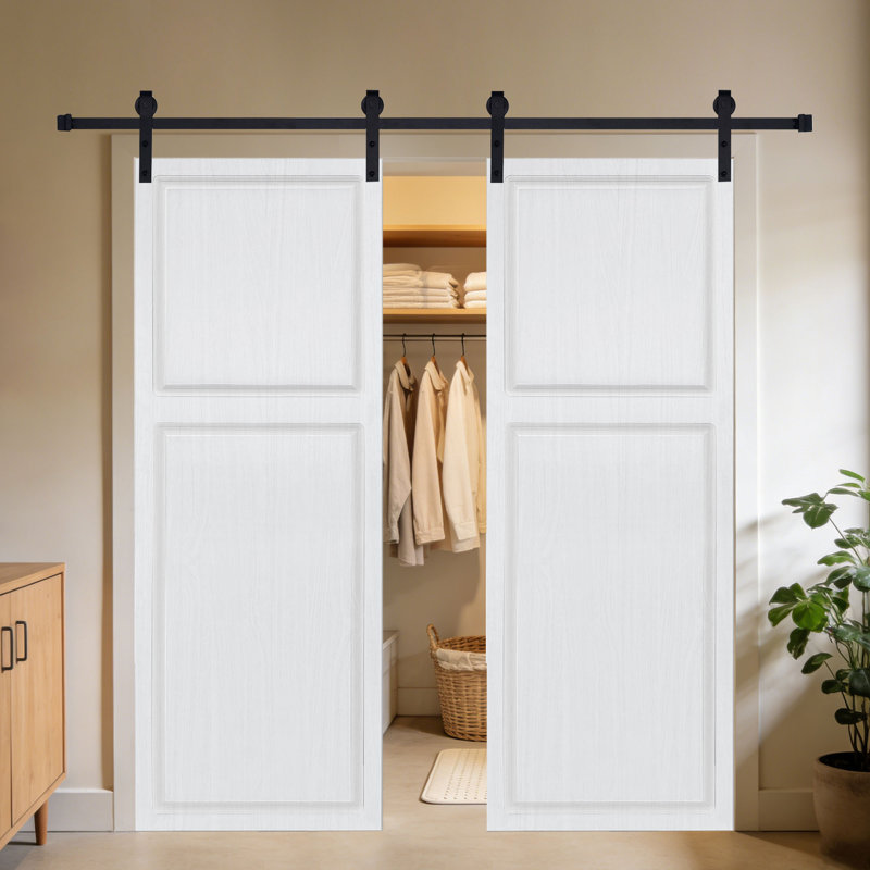Double 2 panneaux modernes 64 po X 84 po Porte de grange coulissante en panneau de fibres à densité moyenne noyer blanc avec ensemble de quincaillerie