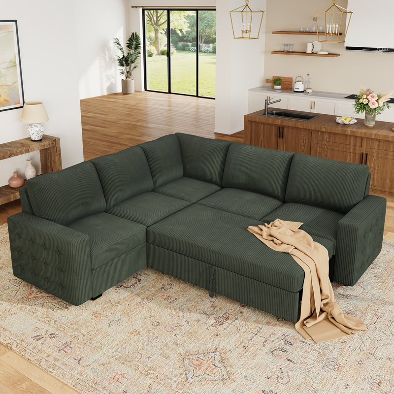 Brunella L-shaped Corner Sectional Sofa Bed with Pull-Out Bed, Green Corduroy