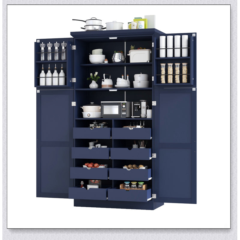 Grande armoire de rangement autoportante avec plateaux de cuisine, Bleu