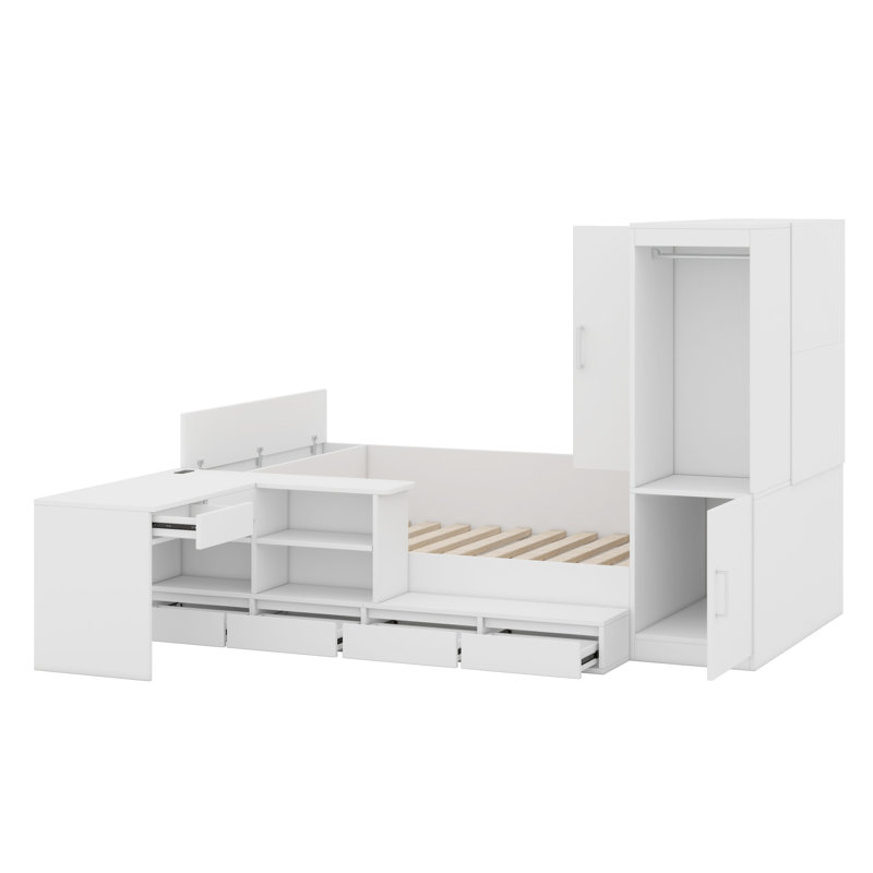 Lit plateforme avec tiroirs, tablettes, bureau et garde-robe, Blanc