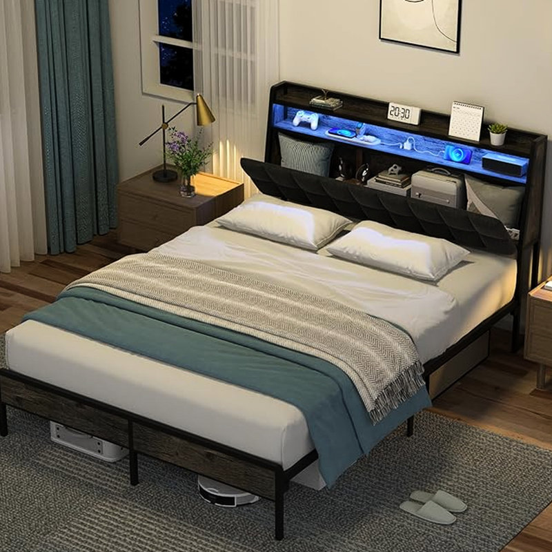 Base de lit grand moderne en métal noir, tête de lit ergonomique, 7 lumières à DEL, unités de chargement et de rangement