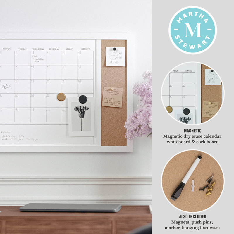 White Woodgrain 24" x 18" Magnetic Dry Erase Calendar and Cork Board Combo