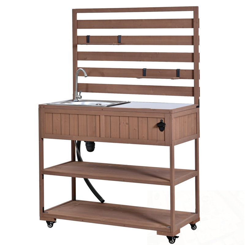 Chariot de cuisine avec évier, plateau de table en acier inoxydable, 2 tablettes mobiles et 1 ouvre-bouteille, Brun