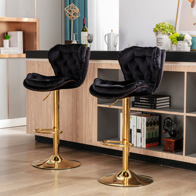 2 Pieces Bar Stools With Tufted Seat, Upholstered Bar Stools With Metal Base, Modern Barstool For Home