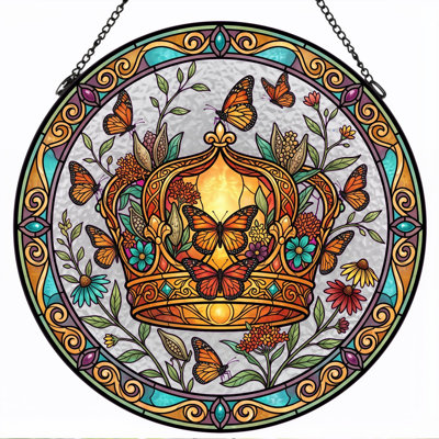 Crown Butterfly Stained Glass Window Panel，7.8H