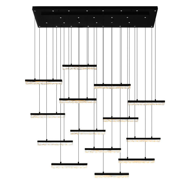 60in Black LED Chandelier with Textured Handmade Glass – Modern Ceiling Light Fixture for Dining Room, Living Room, Kitchen Island