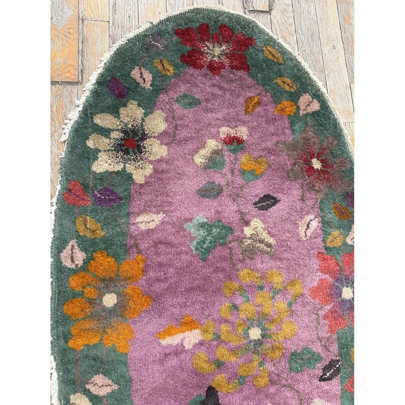 1920s Antique Purple Floral Modernist Chinese Handknotted Art Deco Wool Oval Rug