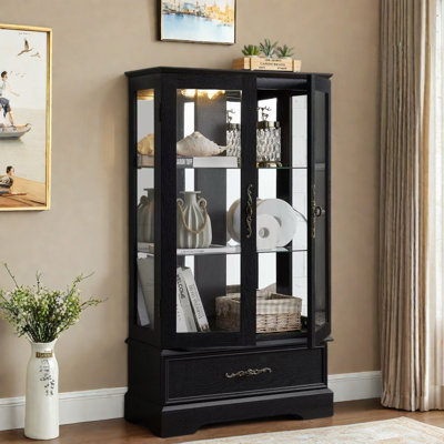 Lighted Glass Curio Display Cabinet With Adjustable Shelves, 1 Drawer And Led Light by Wrought Studio
