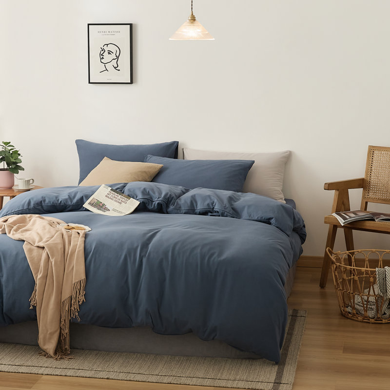Luxury Soft 100% Cotton Duvet Cover Set, Queen Duvet Cover + 2 Standard Pillowcases, Dark Blue