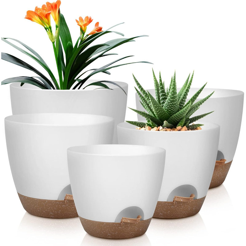 Set Of 5 White Self-watering Plastic Planters With Saucers