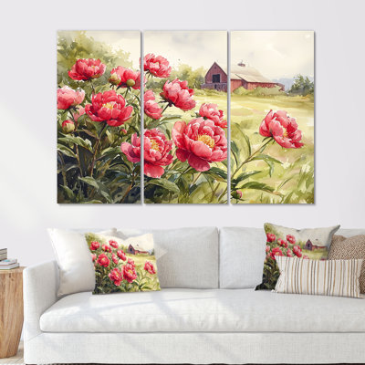 Pivoines dans la brise de basse-cour IV - pivoines grand art mural - 3 panneaux