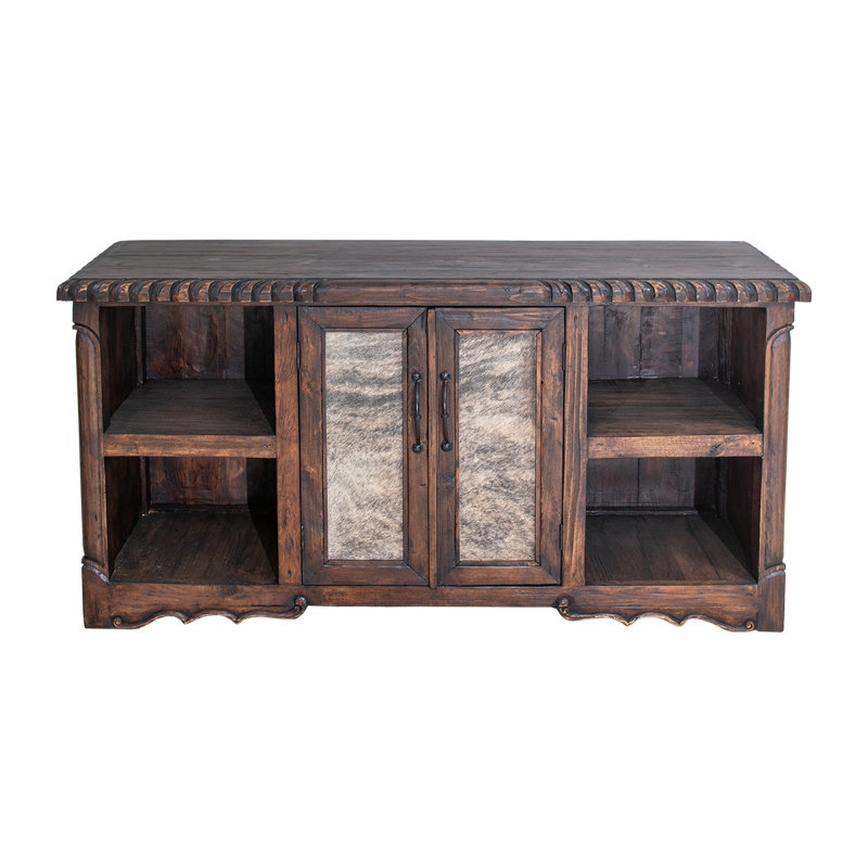 Trailmark Hand-Carved Wood Console Cabinet with Cowhide Doors