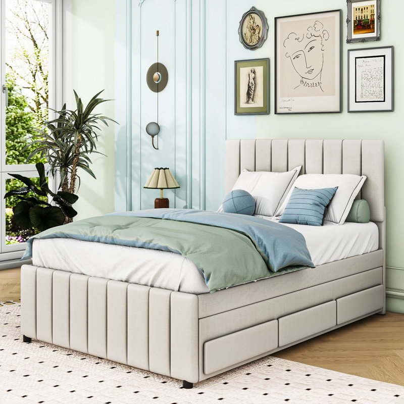 Upholstered Platform Bed with Trundle and 3 Drawers, Beige, Full