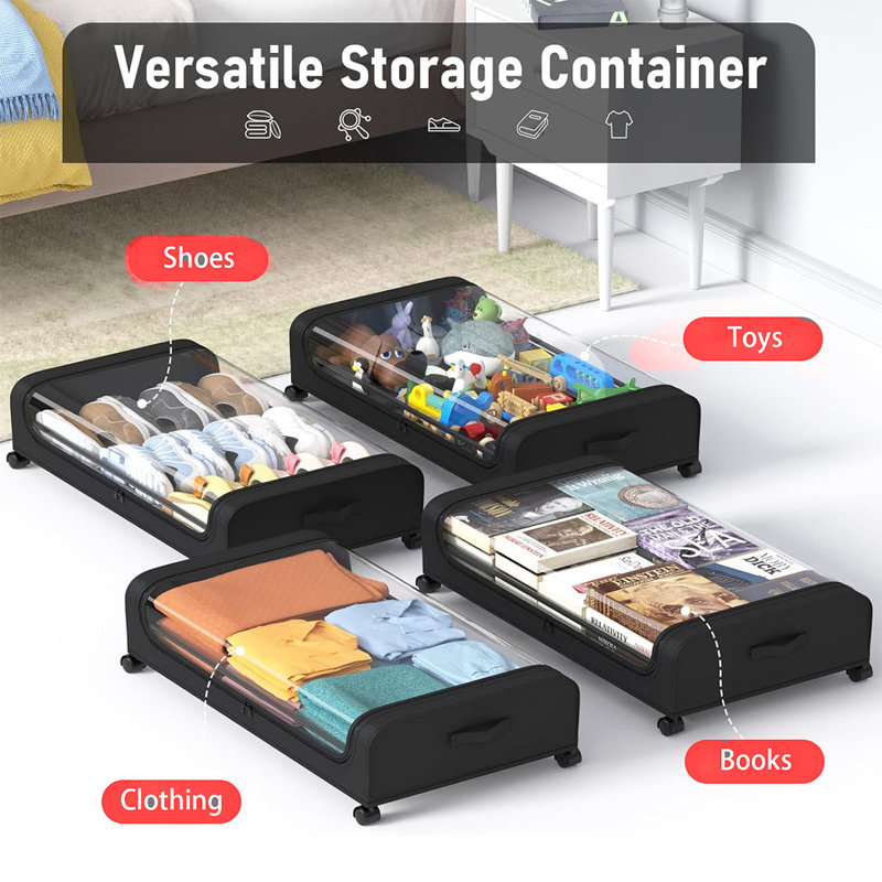 Black Plastic Under Bed Storage Box with Clear Lid and Wheels
