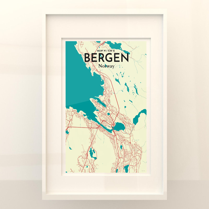 Bergen City Map, impression, Vert / beige, H 36 po x l 24 po