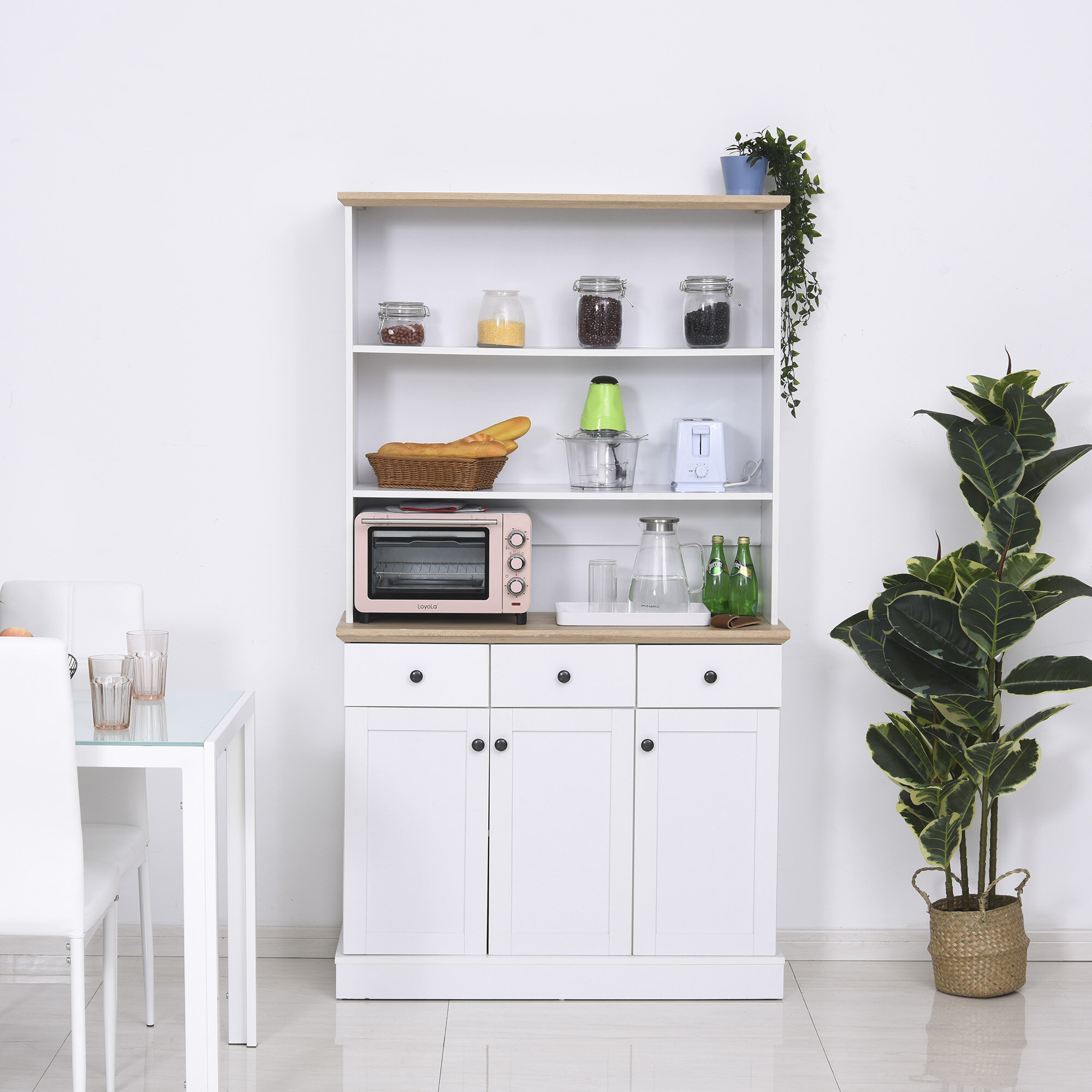 4-Door 71' Kitchen Buffet Pantry Storage Cabinet w/Hutch Adjustable Shelf White Latitude Run Color: White