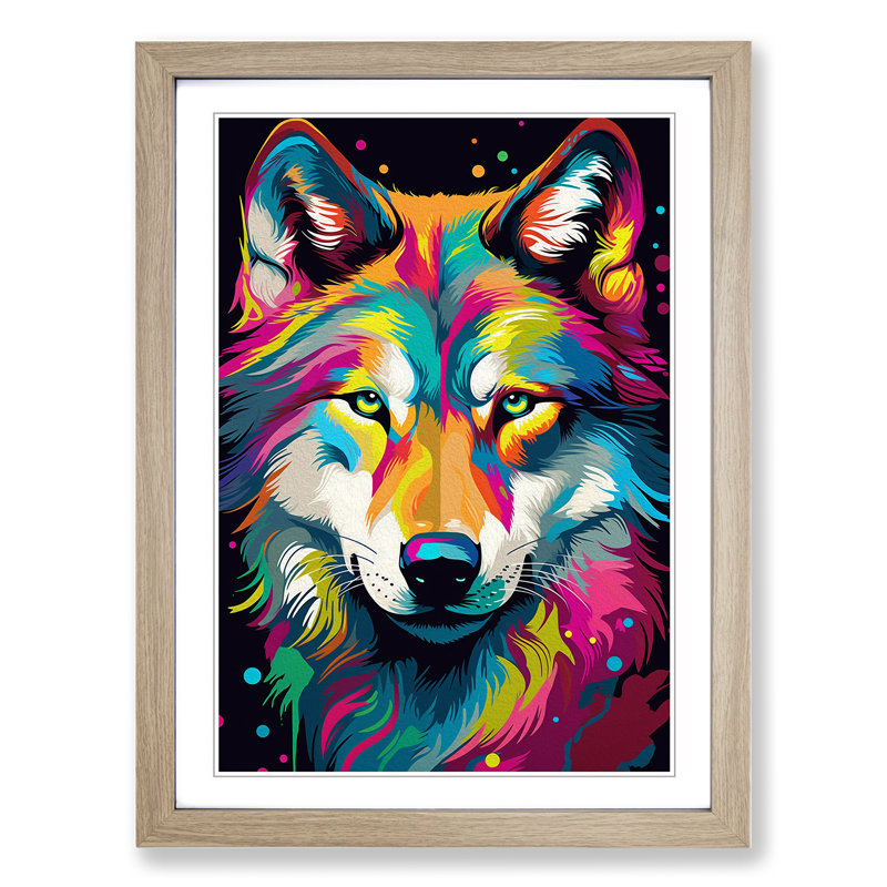 Wolf Pop - Single Picture Frame Print on Wood, 64cm H x 46cm W x 2cm D, Oak