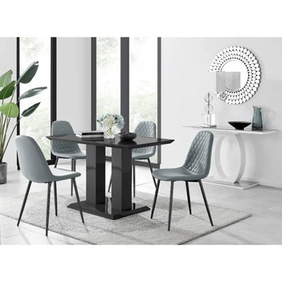 Edzard Double Pedestal High Gloss Dining Table Set with 4 Luxury Faux Leather Dining Chairs