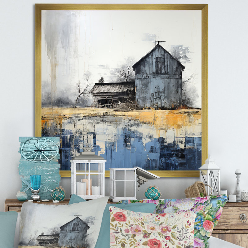Mystic beige et grange bleue sur toile, H 30 po x l 30 po x P 1 po, Encadrement doré