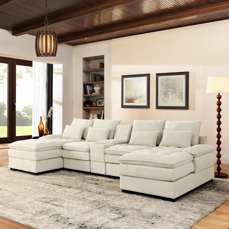 Canapé en forme de U de 130 po avec console, porte-gobelets et USB, ensemble de conversation 6 places, ensemble de canapé-lit avec méridienne