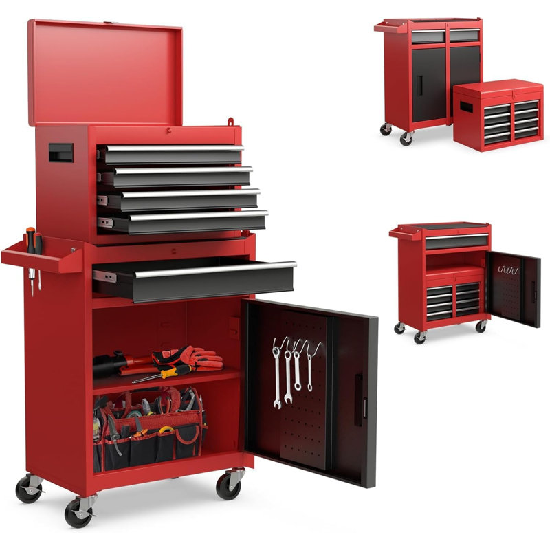 2-in-1 Detachable Rolling Tool Chest - 5-Drawer Metal Cabinet with Lockable Storage, Sliding Drawers & Liners, for Garage, Workshop, Warehouse (Black+Red)