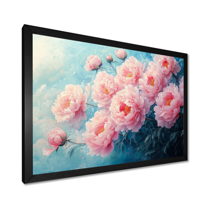 Rose, rêve de pivoines I - pivoines, art mural, H 12 po x l 20 po, Cadre simple noir
