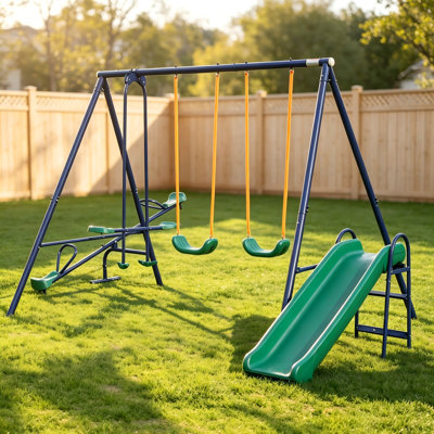 Ensemble de balançoire en métal 4 en 1 avec balançoire à bascule, balançoire à ceinture, glissière et glissade, ensemble de terrain de jeu extérieur pour les enfants de 3 à 8 ans