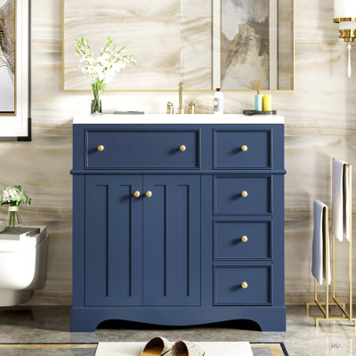 Ensemble de meuble-lavabo 36 po avec lavabo en résine, armoire de rangement en bois massif, ensemble de meuble-lavabo autoportant avec 3 tiroirs et tablette réglable
