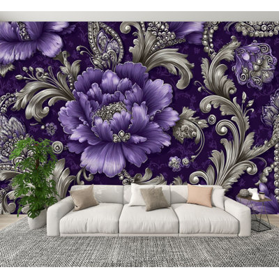 Royal Peel and Stick Wallpaper Baroque Inspired Purple Damask Silver Filigree Frame Wall Murals 69"H x 96"W Removable PVC Wall Paper Self-Adhesive Wall Decor for Bedroom Living Room Home Office