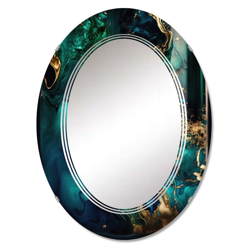 Otabek - Géode abstraite en marbre vert et bleu II - Miroir mural abstrait en marbre, 36 po x 24 po