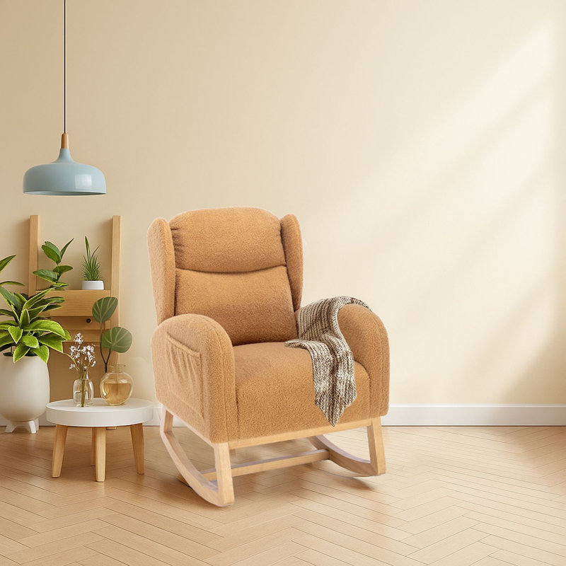 Chaise berçante moderne rembourrée avec base en bois et poche latérale, Kaki